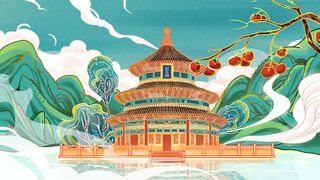 中国风国潮古建筑地标城市古风建筑阁楼印象地标手绘插画PSD素材