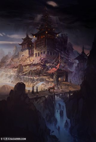 竖排木制建筑物中国风CG原画绘画图片