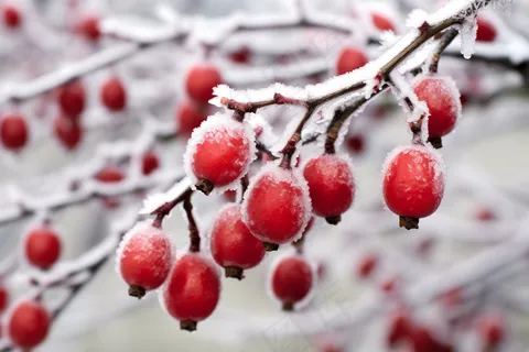 冬季冰雪覆盖红色果实上雾凇摄影图