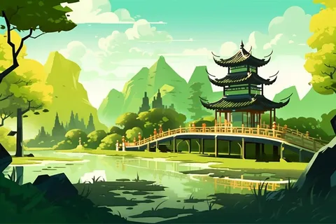 山水亭子绿色中国风背景