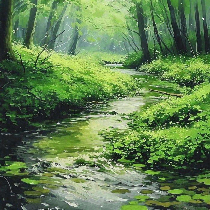 春天绿树成荫的树林里面小溪溪水飘着树叶和花瓣