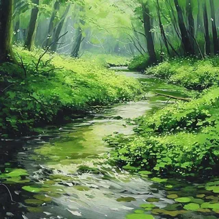 春天绿树成荫的树林里面小溪溪水飘着树叶和花瓣