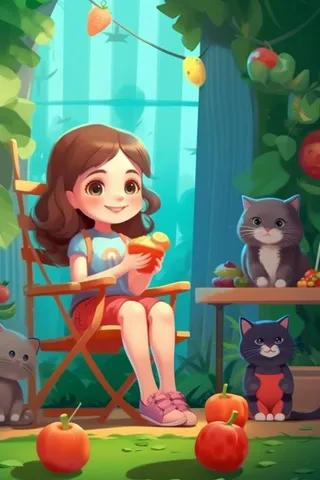 夏日清新女孩吃水果小猫背景