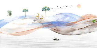 新中式山水双鹿树船装饰画