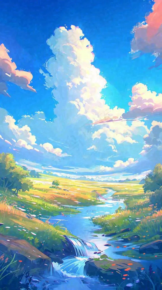 蓝天白云草地溪流春天阳光灿烂的日子春分春风，插画手绘(816x1456)