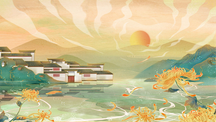 中国风国潮烫金仙鹤山水古建筑风景装饰插画背景PSD分层设计素材psd模版下载