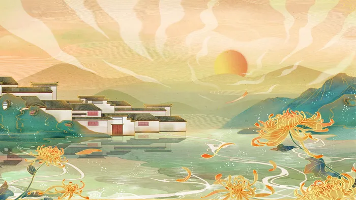 中国风国潮烫金仙鹤山水古建筑风景装饰插画背景PSD分层设计素材psd模版下载