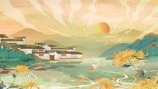 中国风国潮烫金仙鹤山水古建筑风景装饰插画背景PSD分层设计素材