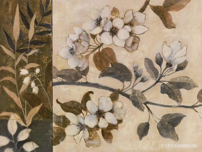 植物树枝花卉复古插画
