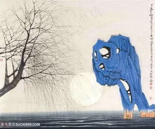 水墨湖畔树枝明月装饰画