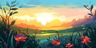 春天夕阳花丛草丛森林手绘插画海报素材背景