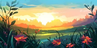 春天夕阳花丛草丛森林手绘插画海报素材背景