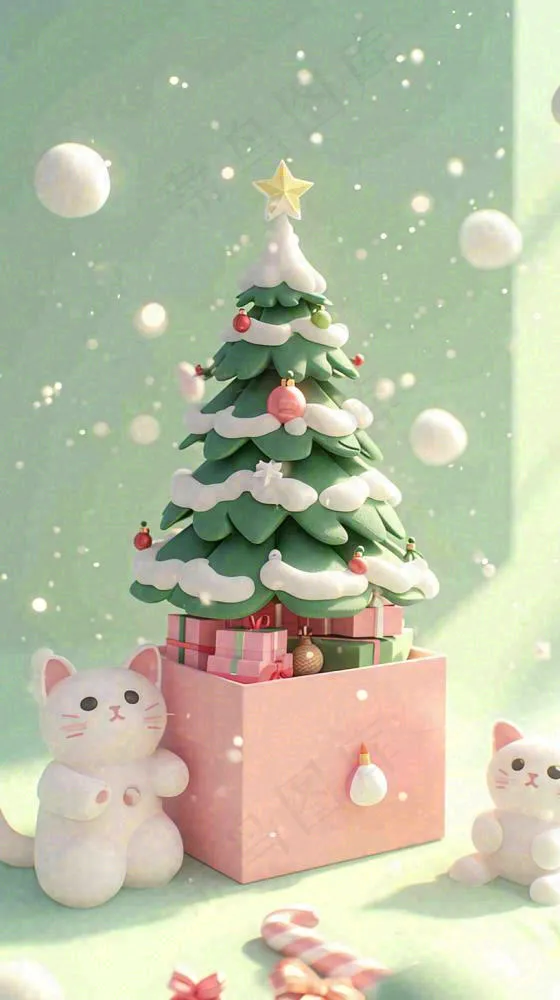 冬天圣诞树有小猫可爱，雪球雪花圣诞节(816x1456)