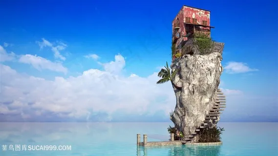 蓝天白云建筑风景画壁纸