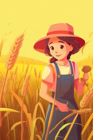 秋季丰收拿着麦穗的人金色插画背景