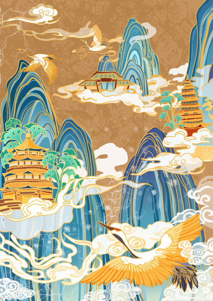 中国风国潮烫金仙鹤山水古建筑风景装饰插画背景PSD分层设计素材