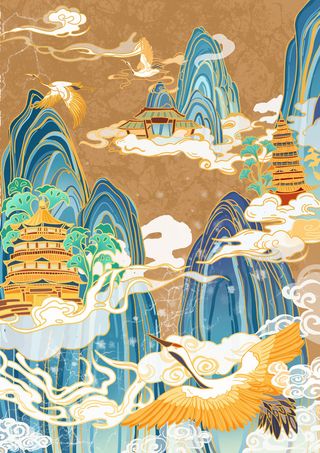 中国风国潮烫金仙鹤山水古建筑风景装饰插画背景PSD分层设计素材