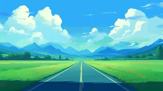 春夏蓝天白云草原高山卡通插画