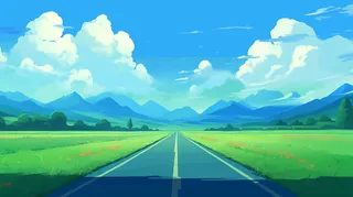 春夏蓝天白云草原高山卡通插画