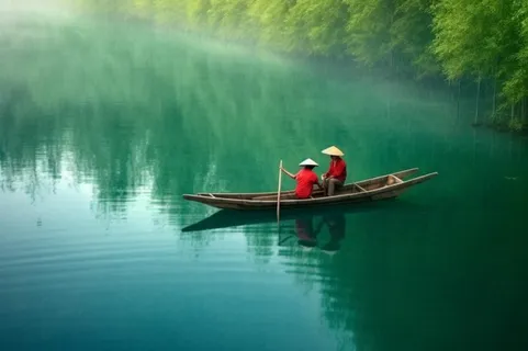 湖面划船人物碧绿背景