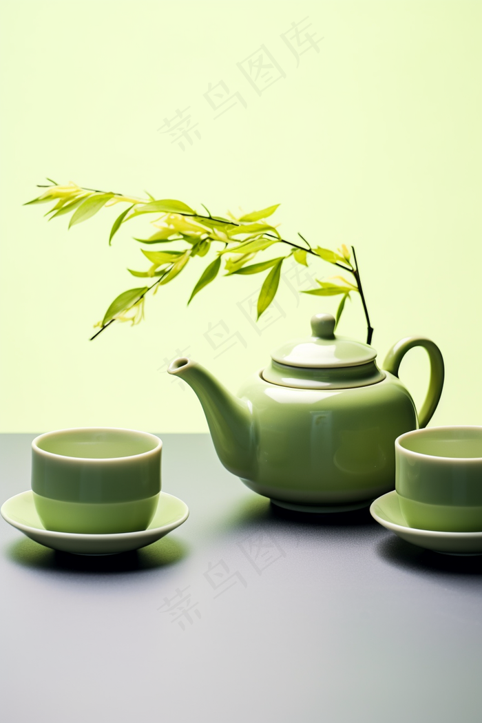 绿色茶壶茶杯植物浅绿背景墙摄影图(2688x4032)
