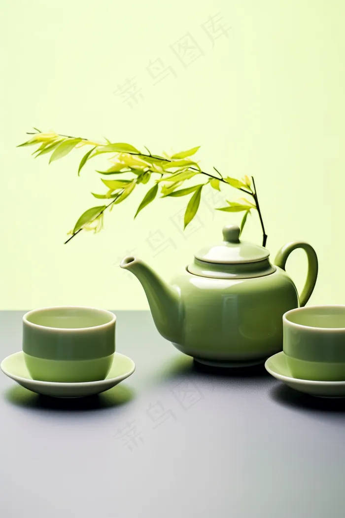 绿色茶壶茶杯植物浅绿背景墙摄影图(2688x4032)