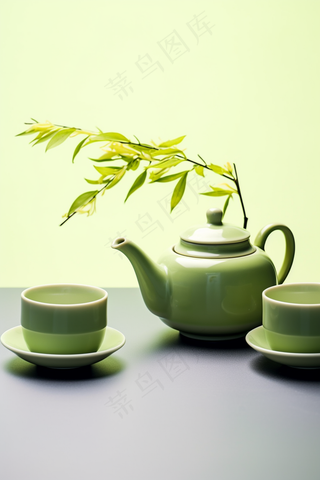 绿色茶壶茶杯植物浅绿背景墙摄影图