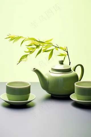 绿色茶壶茶杯植物浅绿背景墙摄影图