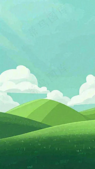 蓝天白云草地卡通扁平手绘插画春天绿色立春，春分