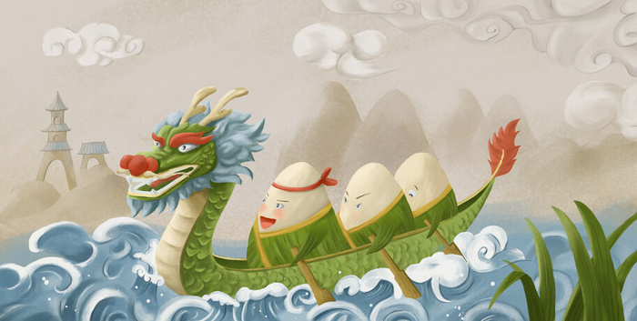 国潮风中国传统节日端午节赛龙舟粽子场景插画海报PSD设计素材psd模版下载