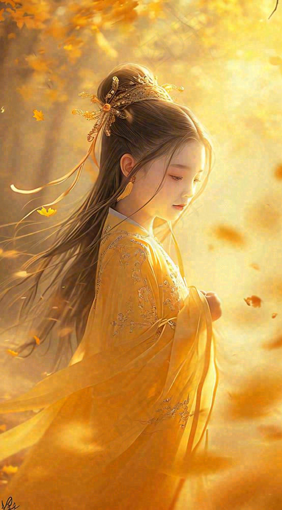 中国风秋天秋叶橙色古风美人手绘插画(816x1472)