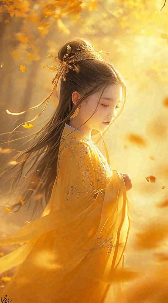 中国风秋天秋叶橙色古风美人手绘插画(816x1472)