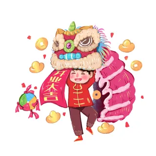 新年春节虎年元宵手绘人物舞狮卡通狮子头插画元素PSD设计素材