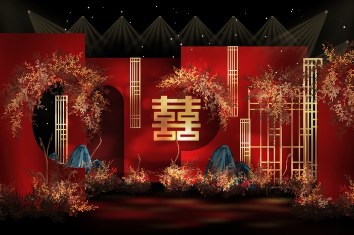 红色中式传统婚礼迎宾区效果图psd模版下载