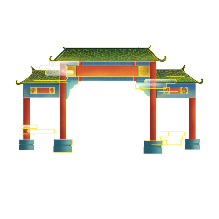 中国风复古式国潮门楼手绘城门插画牌楼建筑PSD素材png免扣图