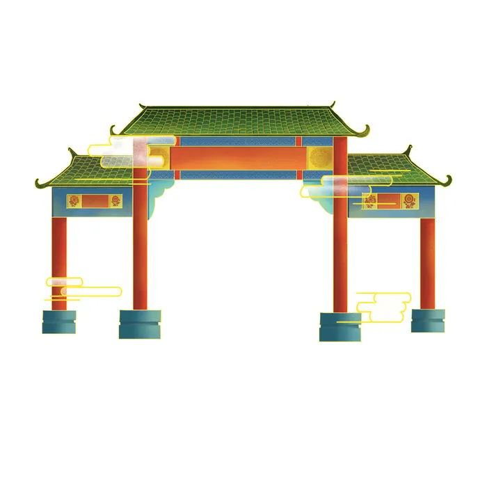 中国风复古式国潮门楼手绘城门插画牌楼建筑PSD素材png免扣图psd模版下载