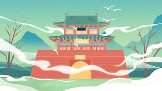 中国风国潮古建筑地标城市古风建筑阁楼印象地标手绘插画PSD素材