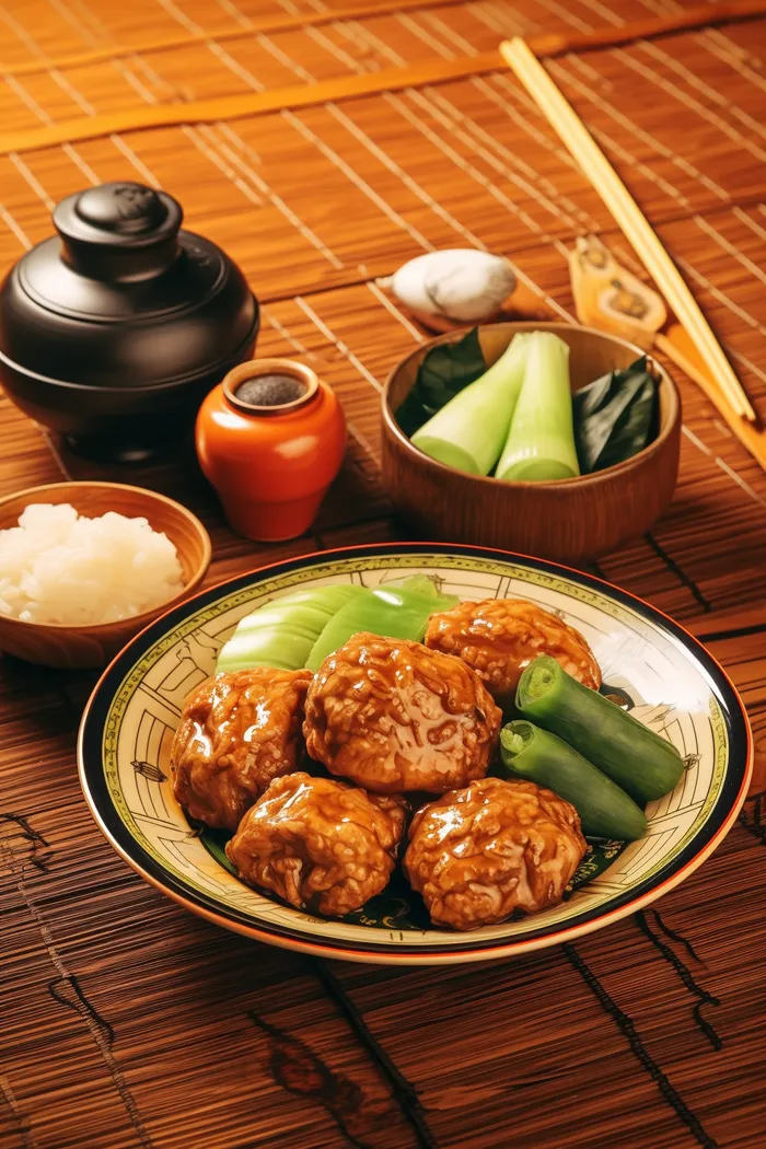 美食红烧肉丸配料碗筷摄影图(2688x4032)