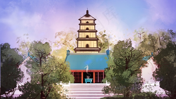 中国风古典国潮古建筑插画模板psd模版下载