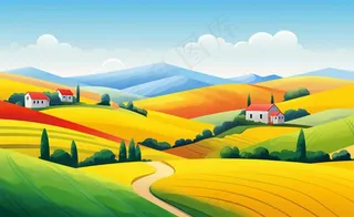 乡村村庄美丽风景河流插画农田插画背景