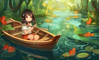 在湖中划船的女孩睡莲绿叶插画海报背景