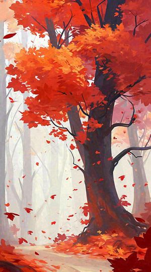 秋天红色秋叶树落叶温馨自然风景，立秋手绘插画