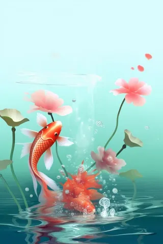 简约金鱼粉色花水花背景