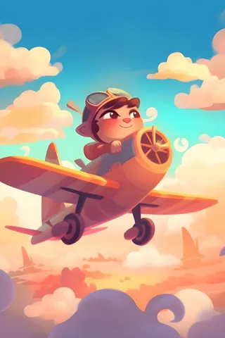 天空遨游飞机人物云朵晚霞插画背景