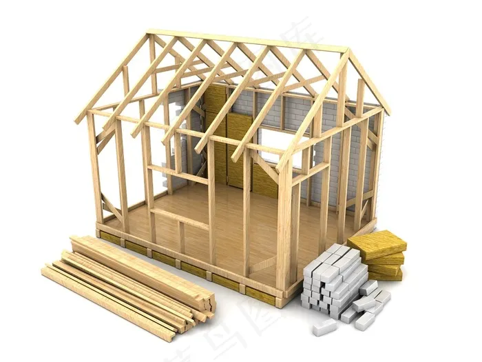 正在搭建的木质房屋高清图片