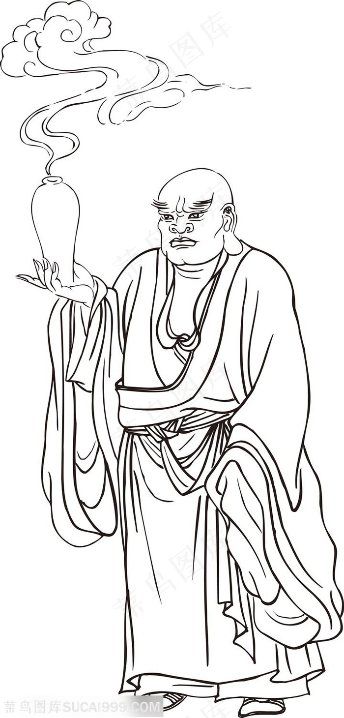 托瓶里出来祥云的僧人罗汉线描矢量PNG绘画图片