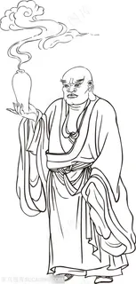 托瓶里出来祥云的僧人罗汉线描矢量PNG绘画图片