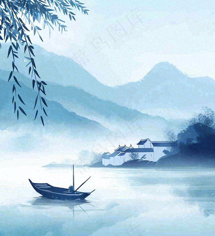 中国风意境湖面山脉云层山水画插画(1024x1120)