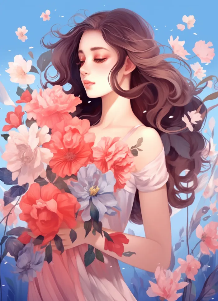 美丽少女抱着大捧粉色鲜花卡通插画(x)