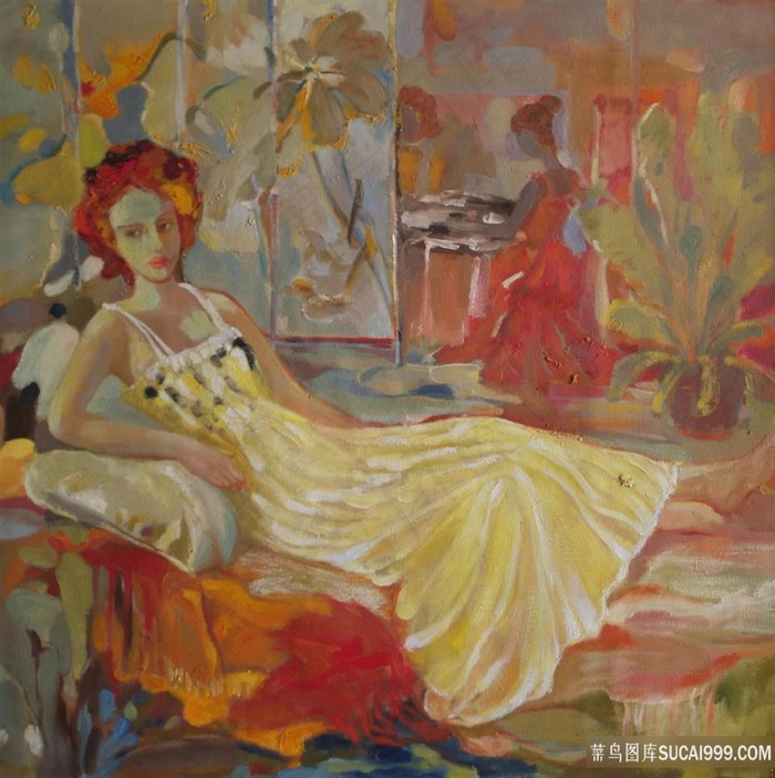 卧在床上的女人高清油画